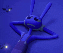 a blue cartoon character is laying on a blue surface with his hands behind his head