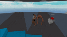 a tiger a chicken and a man are standing in a room with a blue couch and a blue sky in the background