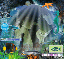 a picture of a man surrounded by fish and jellyfish with the words kiss my bass