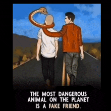 a cartoon of two men walking down a road with a snake on their head