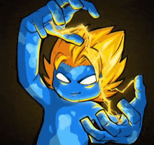 a cartoon character with blue skin and yellow hair is holding lightning in his hands .