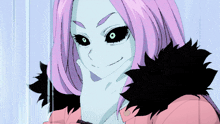 a drawing of a girl with pink hair and black feathers