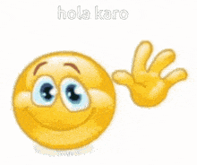 a yellow smiley face with a hand behind it and the words hola karo on the bottom