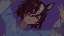 a girl with a pony ear is wearing a blue dress