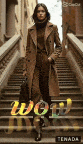 a woman in a brown coat stands on a set of stairs with the word wow written on the bottom