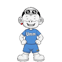 a cartoon character wearing a blue shirt that says umm on it