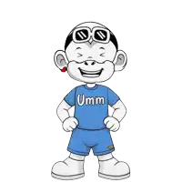 a cartoon character wearing a blue shirt that says umm on it