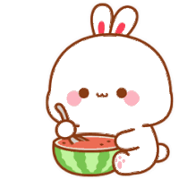 a rabbit is eating watermelon with a spoon .