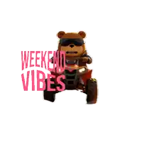 a teddy bear is riding a four wheeler with the words weekend vibes below it