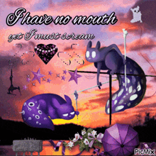 a purple cat is laying on a clothes line with the words " i have no mouth get i must scream " below it