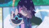 a cartoon girl is holding a ball in her hands and covering her face