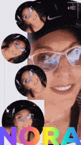 a woman wearing sunglasses and a nike hat is surrounded by circles with the word nora on the bottom