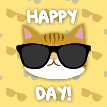 a cat wearing sunglasses with the words happy day behind it