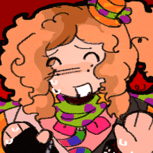 a cartoon drawing of a clown with curly hair wearing a hat and scarf