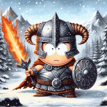 a cartoon character with horns is holding a sword and shield in the snow