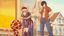 a man and a woman are standing in front of a building with a sign that says h on it