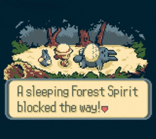 a sleeping forest spirit blocked the way in a pixel art game