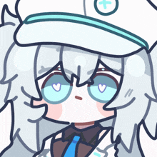 a drawing of a girl with white hair and a hat with a cross on it