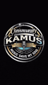 a black and white logo that says community kamus music