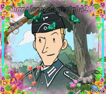 a cartoon of a man in a military uniform is surrounded by butterflies and hearts