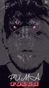 a man with a tiger face painted on his face and the name puma tolga on the bottom