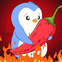 a penguin is holding a large red pepper with flames behind it