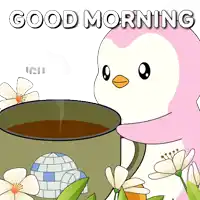 a pink penguin is holding a cup of coffee with the words good morning written above it