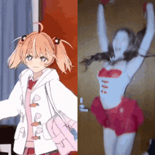 a drawing of a girl with pigtails and a picture of a girl with her arms up