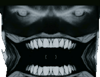 a black and white image of a person 's teeth and eyes