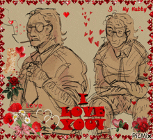 a drawing of a man with the words i love you in red