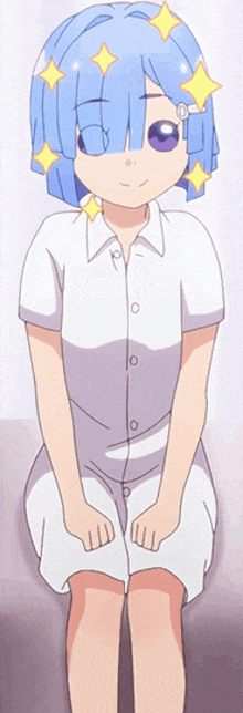 a cartoon girl with blue hair and purple eyes