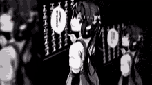 a black and white cartoon of a girl with red eyes standing in front of a wall with chinese writing on it .