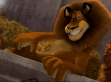 a cartoon lion with a big mane is smiling and looking over a fence