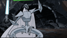 a cartoon of a robot holding a lightsaber in a dark room