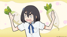 a girl in a white shirt and blue tie is surrounded by carrots and bubbles