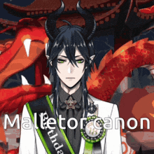 a man with horns and a sash that says " malletor canon "