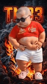 a baby wearing sunglasses and a red shirt that says cherry rawr