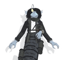 a cartoon character with a horn on his head is sitting on a gray object