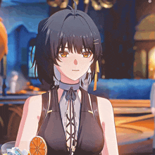 a girl with a choker around her neck is holding an orange slice in her hand