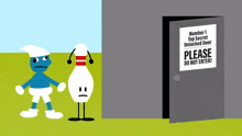 a smurf and a bowling pin standing in front of a door that says number 1 top secret unlocked door please do not enter