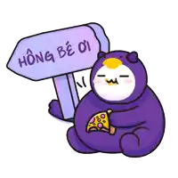 a cartoon character is holding a slice of pizza in front of a sign that says hong be di