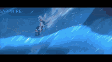 a person riding a wave with the word sapphire above them