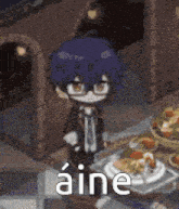 a cartoon character is standing in front of a table with a plate of food and the word aine written on it .