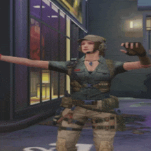 a woman in a military uniform is standing in front of a building