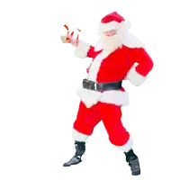 a man dressed as santa claus is dancing with candy canes in his hand