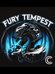 a logo for fury tempest shows a dragon with blue eyes