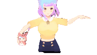 a girl with purple hair and blue eyes is holding a stuffed animal