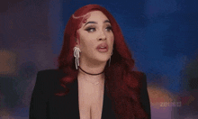a woman with red hair is wearing a choker necklace and earrings