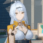 a girl with long white hair is wearing a yellow jacket and a bra .
