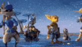 a group of cartoon characters standing next to each other on a snowy field .